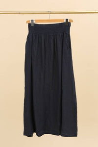 LONG SKIRT WITH SMOCKED WAIST AND POCKETS 100% LINEN: Almond green / One size