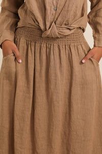 LONG SKIRT WITH SMOCKED WAIST AND POCKETS 100% LINEN: Almond green / One size