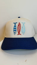 Sardine Trucker Hat: Tan hat | light blue green + blue thread