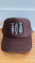 Sardine Trucker Hat: Tan hat | light blue green + blue thread