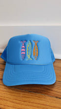 Sardine Trucker Hat: Tan hat | light blue green + blue thread
