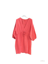 Belted cotton gauze short dress: Beige