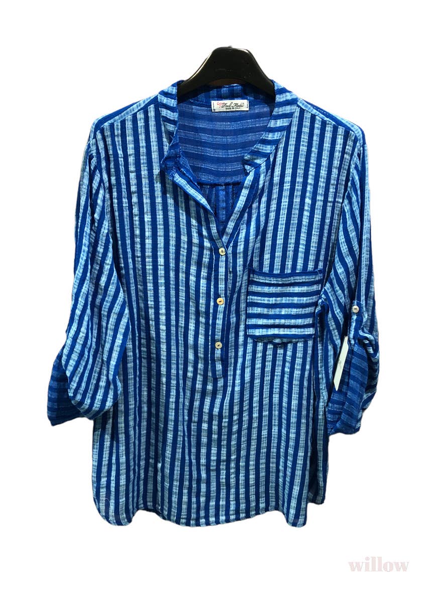 Oversized cotton shirt with striped print: Royal blue