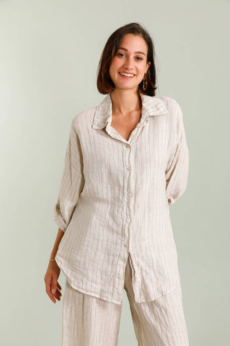3/4 SLEEVE STRIPED LINEN SHIRT: Beige / One size