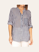 Oversized cotton shirt with striped print: Khaki