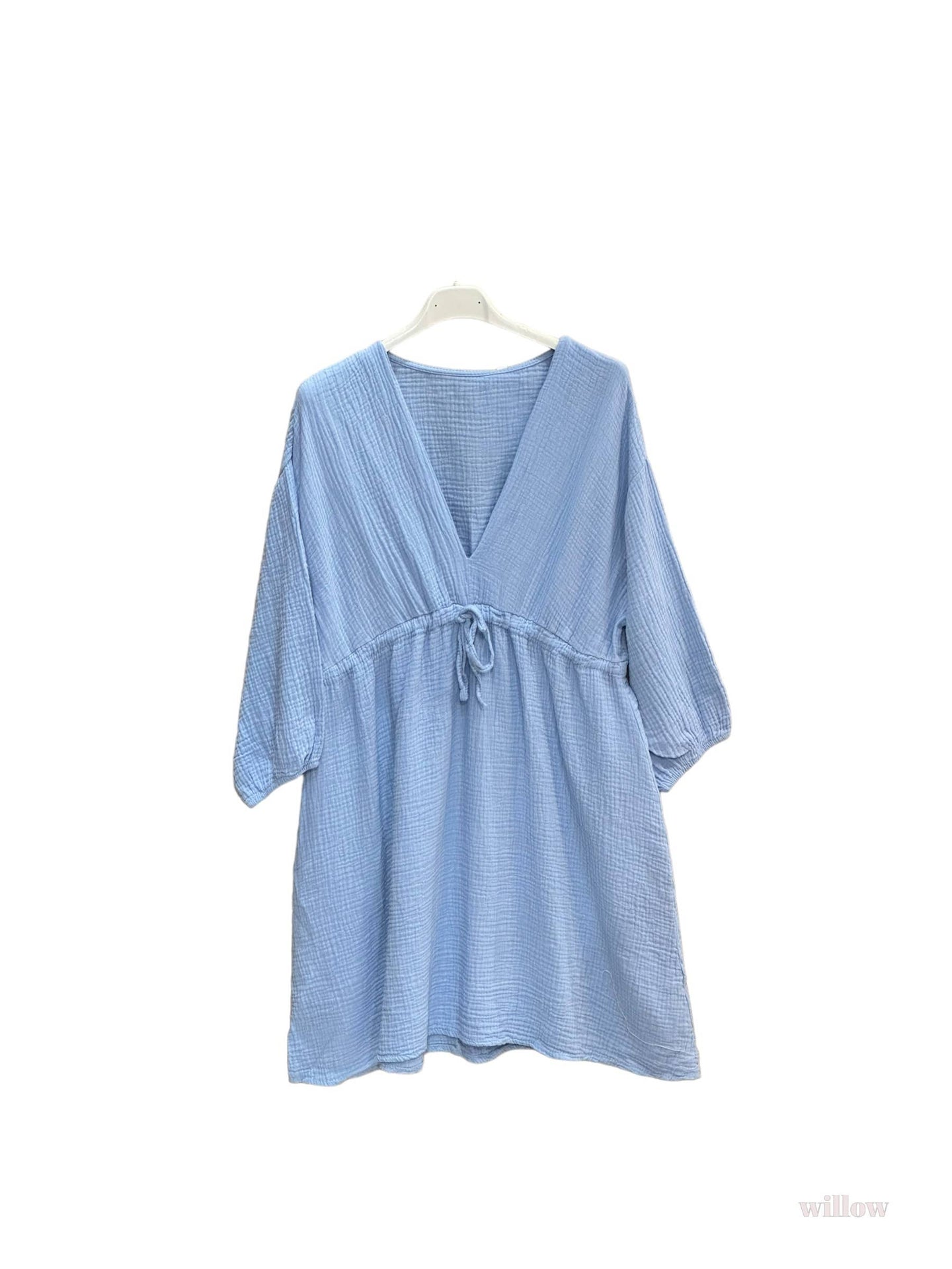 Belted cotton gauze short dress: Sky