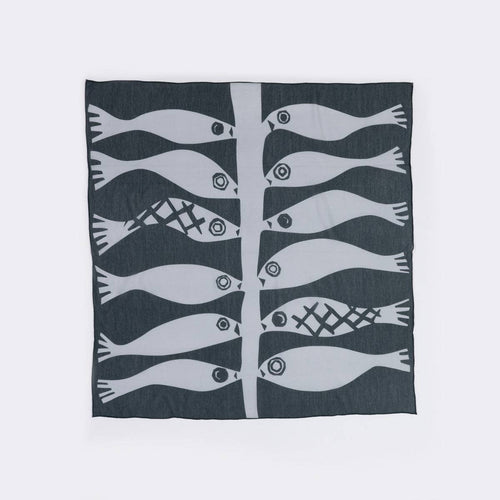 Grey and Navy Ocean Fish Cotton Silk Blend Bandana Scarf