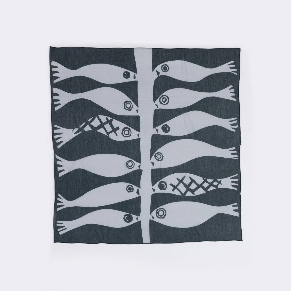 Grey and Navy Ocean Fish Cotton Silk Blend Bandana Scarf