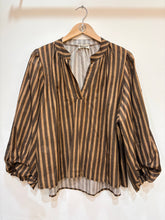 Women's cotton blouse V-neck puff sleeves striped: Camel / STANDARD SIZE (36-42 / S-XL)