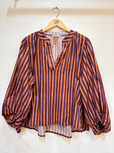 Women's cotton blouse V-neck puff sleeves striped: Vert / TAILLE STANDARD (36-42 / S-XL)
