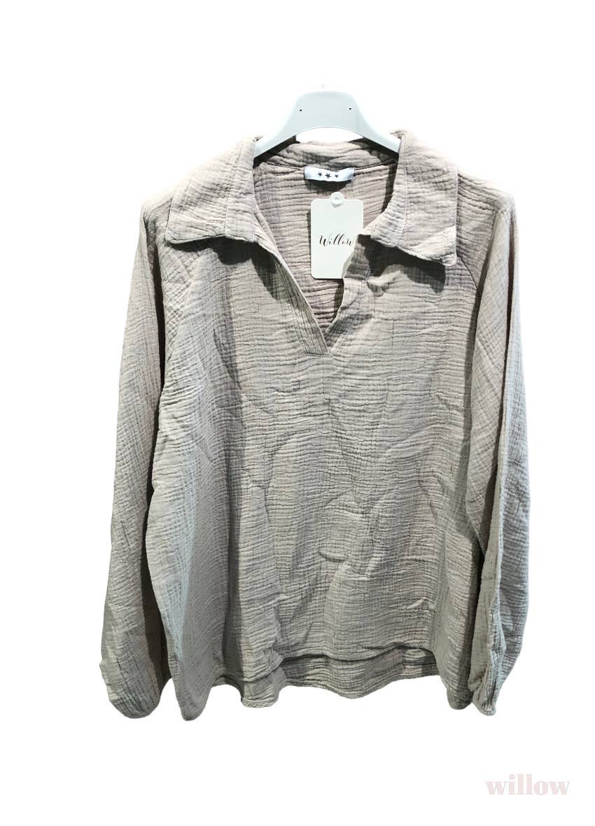Cotton gauze French collar blouse: Beige One Size