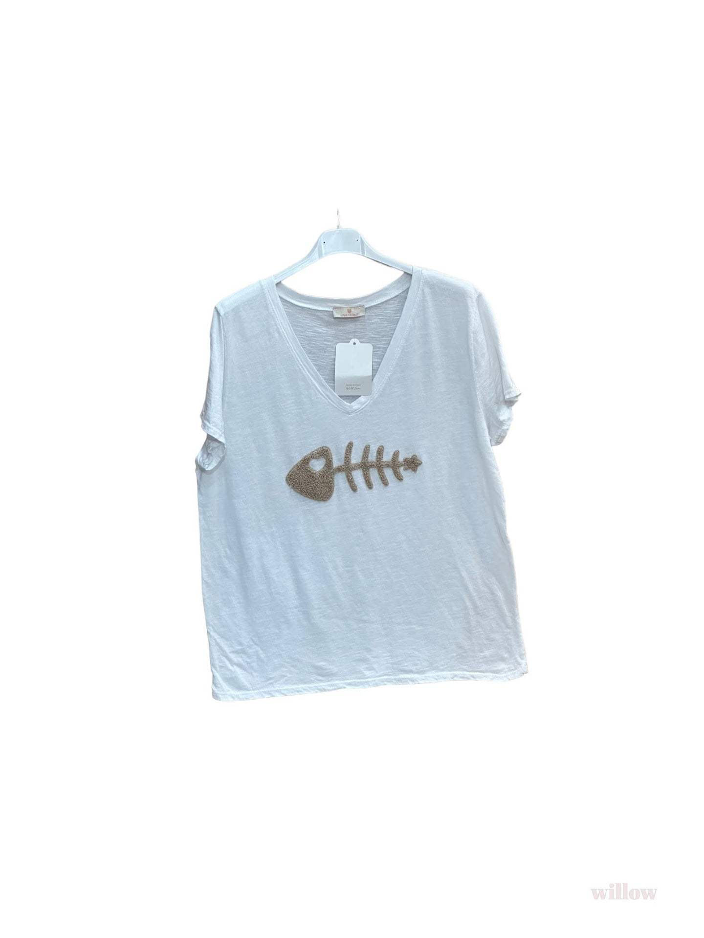 Embroidered fish T-shirt: Beige