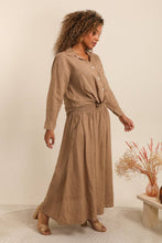 LONG SKIRT WITH SMOCKED WAIST AND POCKETS 100% LINEN: Almond green / One size