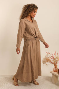 LONG SKIRT WITH SMOCKED WAIST AND POCKETS 100% LINEN: Almond green / One size