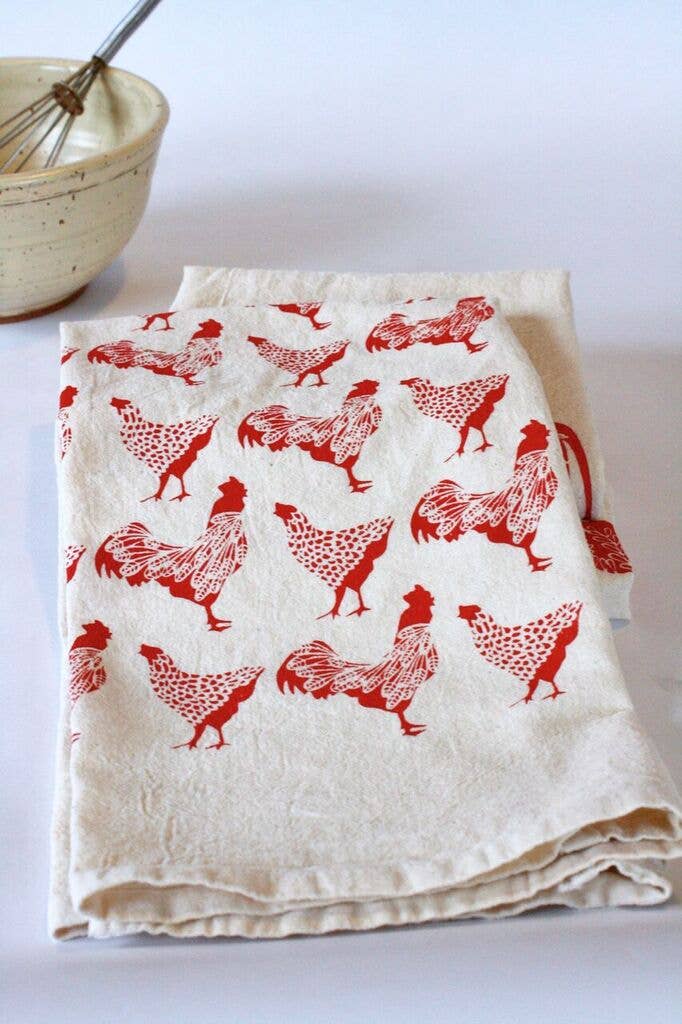 Chicken Kitchen Towel, Handprinted Chicken Towel, Rooster: Red on Natural