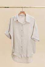 3/4 SLEEVE STRIPED LINEN SHIRT: Sky Blue / One size