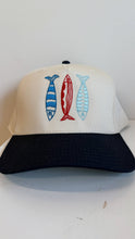 Sardine Trucker Hat: Tan hat | light blue green + blue thread