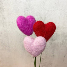 Set of 3 Felted Heart Stem Bouquet True Love: Thin