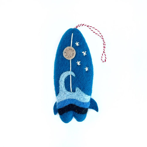 Surfboard, Blue Wave, Felt Wool Christmas Ornament