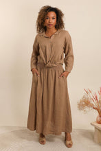 LONG SKIRT WITH SMOCKED WAIST AND POCKETS 100% LINEN: Almond green / One size