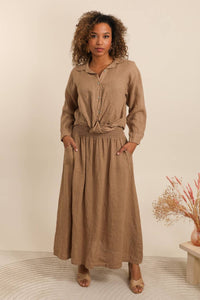 LONG SKIRT WITH SMOCKED WAIST AND POCKETS 100% LINEN: Almond green / One size