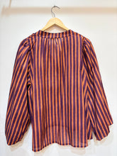 Women's cotton blouse V-neck puff sleeves striped: Vert / TAILLE STANDARD (36-42 / S-XL)