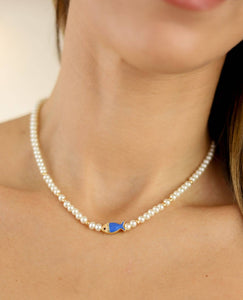 Kinley Necklace, pearl choker with blue and gold details