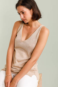 COTTON V-NECK TANK TOP: Beige / One size