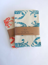Crab Handprinted Kitchen Towel, Coastal Tea Towel, Blue Crab: Teal Blue on Natural