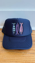 Sardine Trucker Hat: Tan hat | light blue green + blue thread