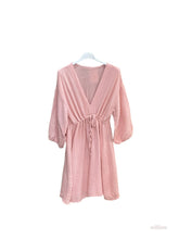 Belted cotton gauze short dress: Camel