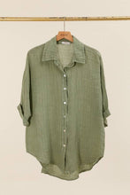 3/4 SLEEVE STRIPED LINEN SHIRT: Sky Blue / One size