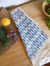 Fish Kitchen Towel, Handprinted Tea Towel, Coastal Towel: Dark Blue on Natural
