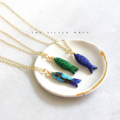 Gemstone Fish Pendant Necklace: Blue / 16 inch