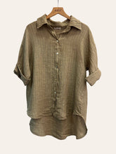 3/4 SLEEVE STRIPED LINEN SHIRT: Sky Blue / One size