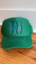 Sardine Trucker Hat: Tan hat | light blue green + blue thread