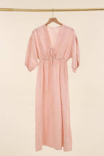 Long dress with 3/4 sleeves, cinched at the waist, 100% linen / One size