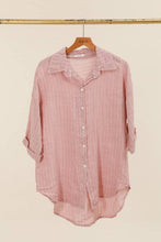 3/4 SLEEVE STRIPED LINEN SHIRT: Beige / One size