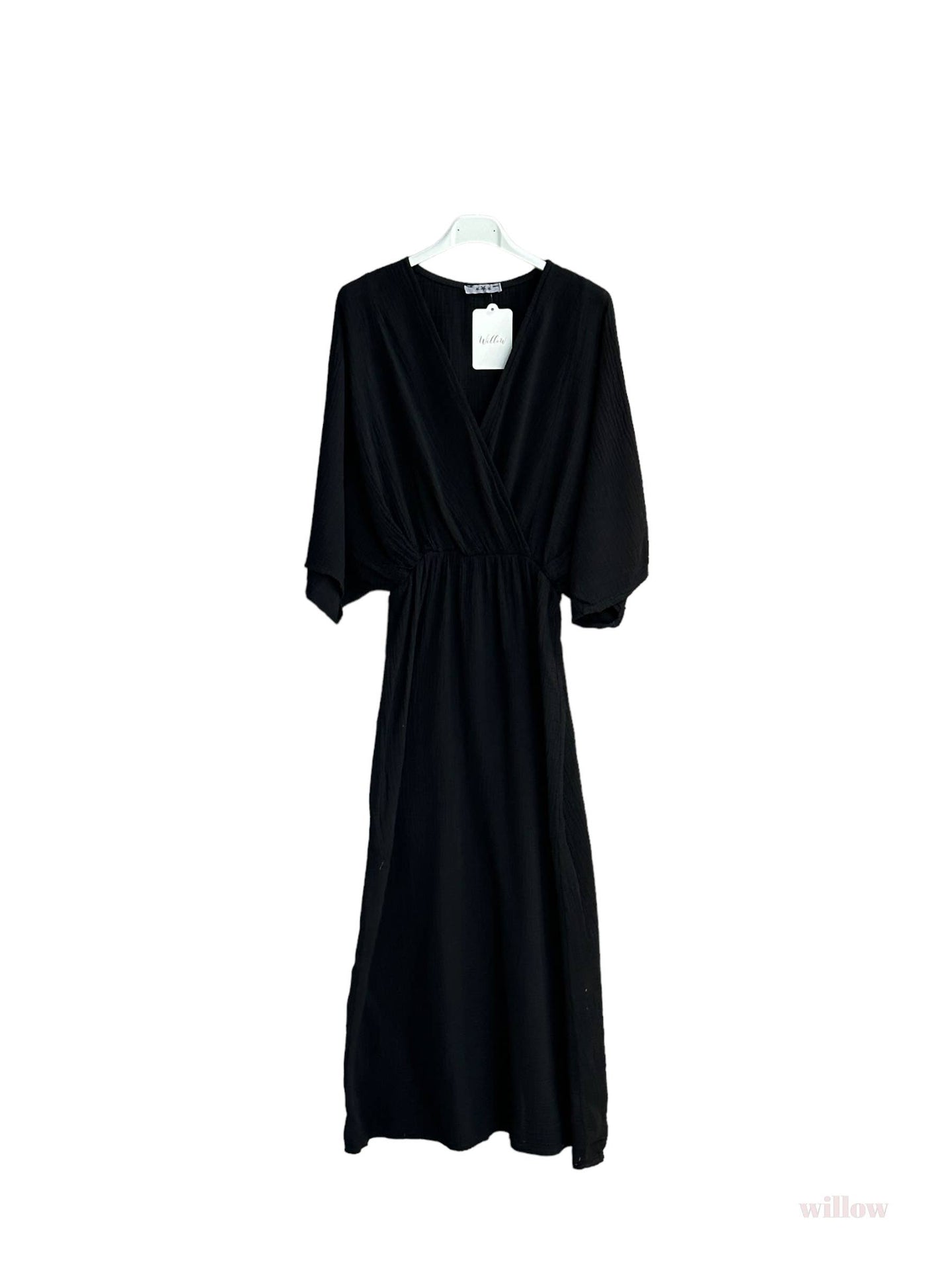 Empire cotton gauze double-breasted long dress #5142A: Black