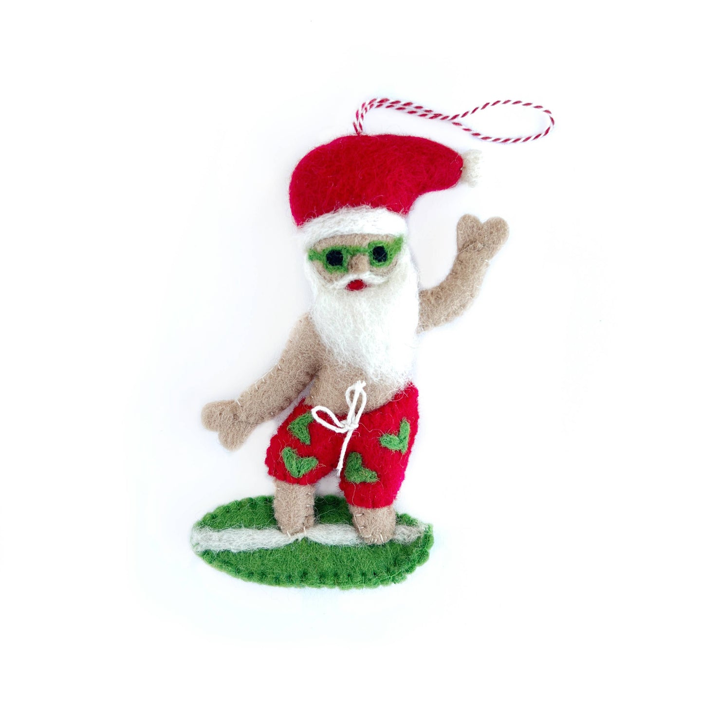 Surfing Santa Felt Wool Christmas Ornament 