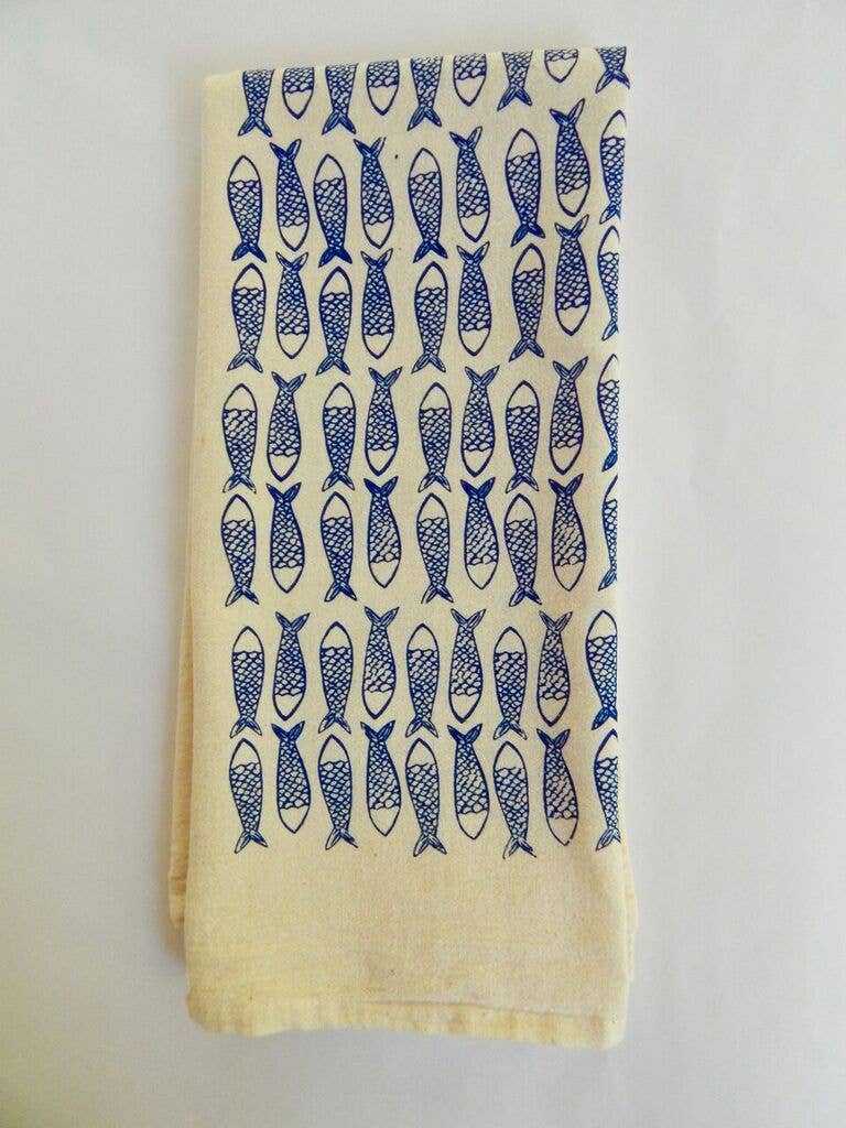 Fish Kitchen Towel, Handprinted Tea Towel, Coastal Towel: Dark Blue on Natural