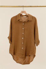 3/4 SLEEVE STRIPED LINEN SHIRT: Sky Blue / One size