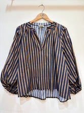 Women's cotton blouse V-neck puff sleeves striped: Vert / TAILLE STANDARD (36-42 / S-XL)
