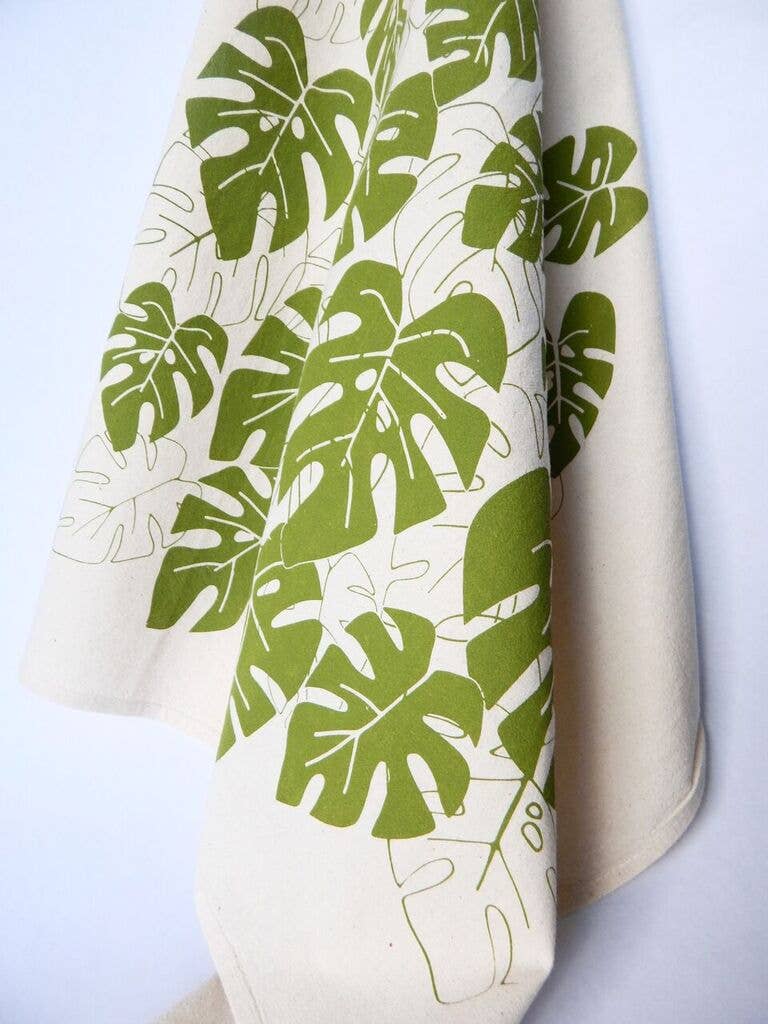 monstera tea house Monstera Tea Towel, Handprinted Towel, House Plant Print: Moss on Natural
