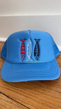 Sardine Trucker Hat: Tan hat | light blue green + blue thread