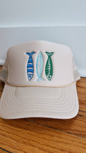 Sardine Trucker Hat: Tan hat | light blue green + blue thread