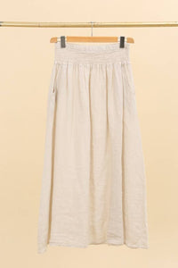 LONG SKIRT WITH SMOCKED WAIST AND POCKETS 100% LINEN: Almond green / One size