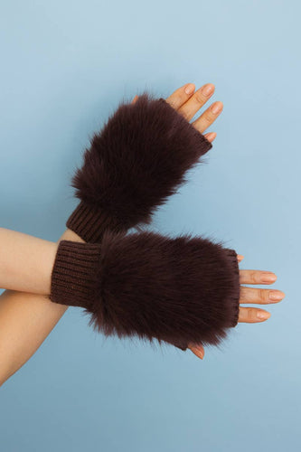Faux Fur Trim Fingerless Knit Mittens: Brown