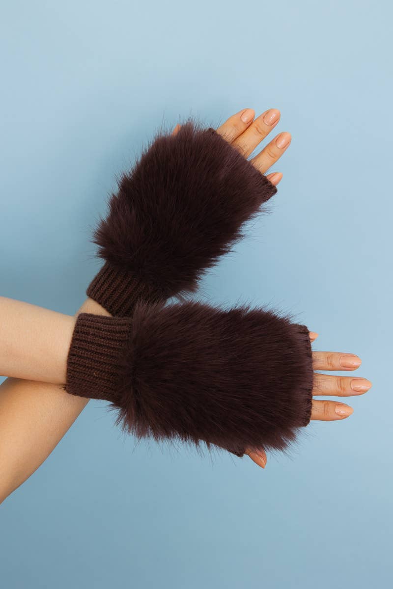 Faux Fur Trim Fingerless Knit Mittens: Brown