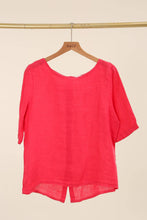 ROUND NECK T-SHIRT BUTTONED AT THE BACK 100% LINEN: Sky Blue / One size